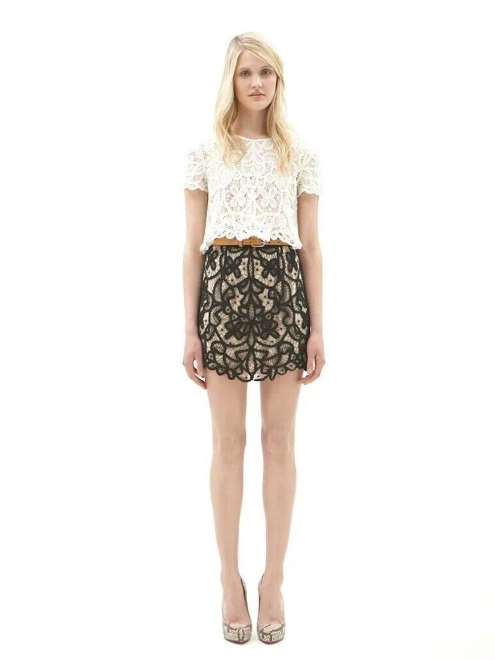 3.1 PHILLIP LIM Resort 2010 Black Nude Battenberg Lace Silk Mini Skirt, Size 6